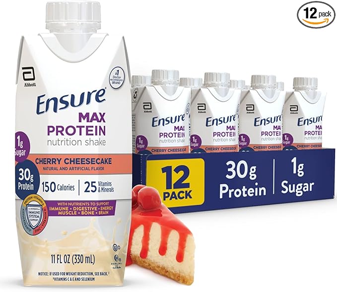 Ensure Max Protein Shake | Cherry Cheesecake | Ready to Drink | 30g Protein for Muscle Health | 1g Sugar 4g Fiber | 11 fl oz 12 Pack