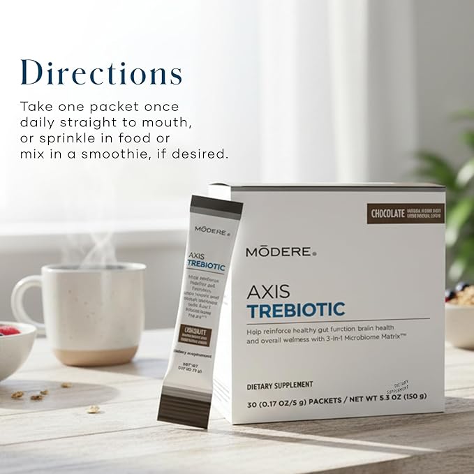 Modere Axis Trebiotic Chocolate Powder - Daily Wellness Formula with Chocolate Flavor Convenient Single Serve Packets Ready to Mix Up - 30 Count