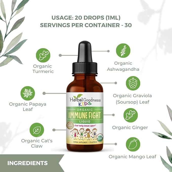 Immune Support 1oz with Ashwagandha for and Turmeric Herbal Supplements - Natural Kids Immune Booster Drops for Wellness and Immune Support for Kids - Non-GMO - Made in USA