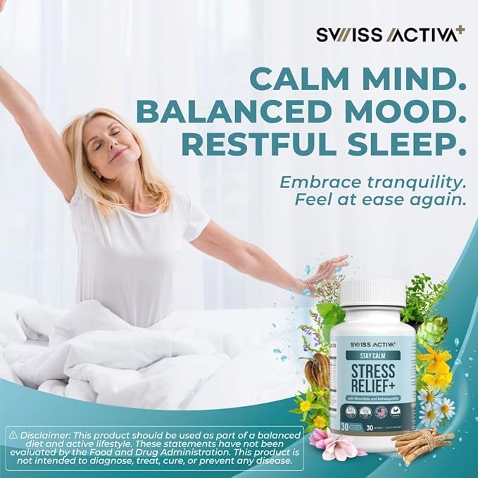 Swiss Activa+ Labs Stress Relief Supplement | Natural Support with Ashwagandha L-Theanine &amp Rhodiola | Calming Supplements for Adults | Cortisol &amp Mood Balance Focus &amp Relaxation | 60 Da