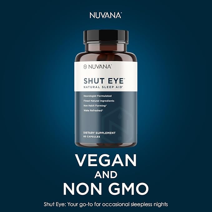 Shut Eye Natural Sleep Aid Supplement for Adults | 5mg Melatonin | Helps Relax and Promote Natural Deep Sleep with Valerian Root Chamomile &amp Magnesium | Vegan &amp Non-GMO | 60 Capsules