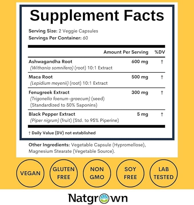 Natgrown Ashwagandha Maca Root Fenugreek Extract Capsules Supplement for Men &amp Women - Vegan Pills - (120 Count)