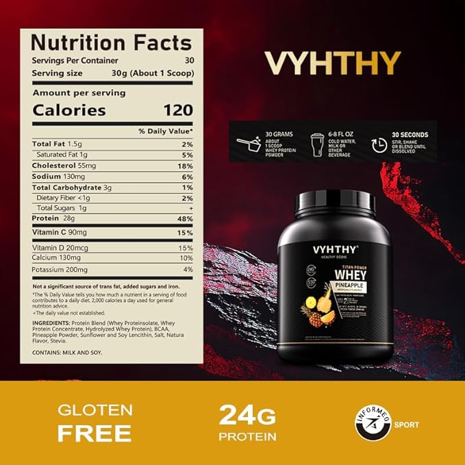 Pineapple Flavored Whey Protein Powder24g Protein per Serving Fast-Absorbing Concentrated whey Protein Low Sugar Gluten-Free Natural Flavor 2 lbs/32 oz.