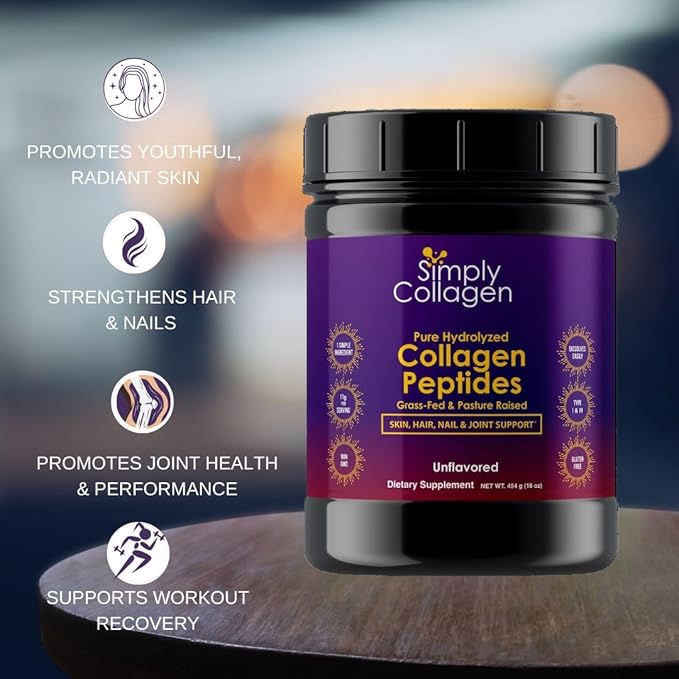 Simply Collagen® Hydrolyzed Collagen Peptides Powder – Grass-Fed Unflavored Type I &amp III – Supports Hair Skin Nails Bones &amp Joints – 41 Servings