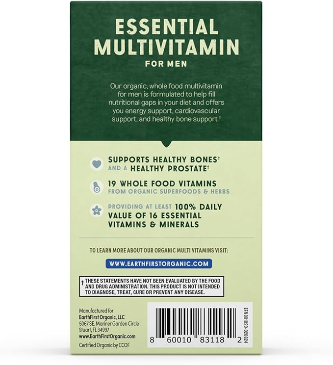 Men’s Multi Once Daily Whole-Food Multivitamin with 19 Vitamins &amp Minerals for Energy Heart Bone Strength Prostate &amp Immune Support Vegan Non-GMO 60 Count