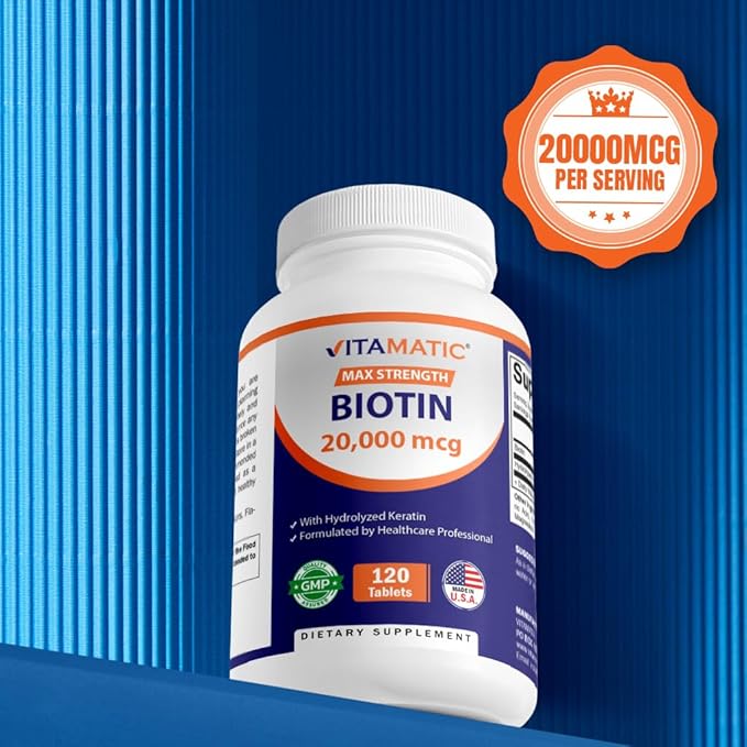 Vitamatic High Potency Biotin 20000 mcg (20mg) with Keratin 100mg - 120 Vegetarian Tablets - Biotin Supplements for Healthy Hair Skin &amp Nails for Adults (120 Count (Pack of 2))