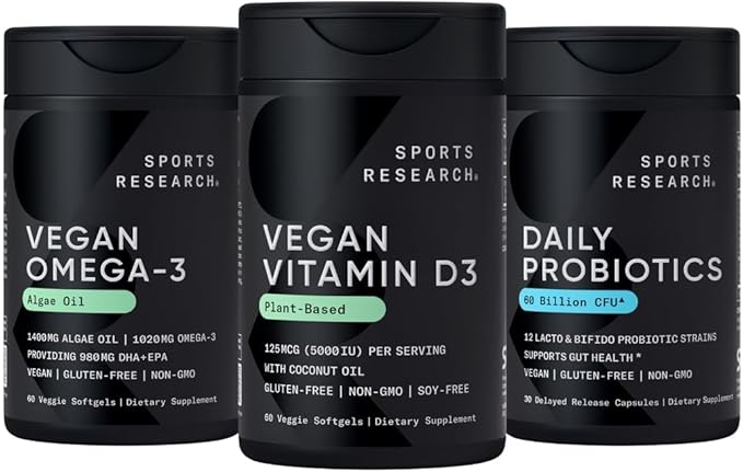 Sports Research® Vegan Supplements Pack - Vegan Vitamin D3 5000iu + Vegan Omega-3 Fish Oil Alternative + Daily Probiotics with Prebiotics 60 Billion CFU