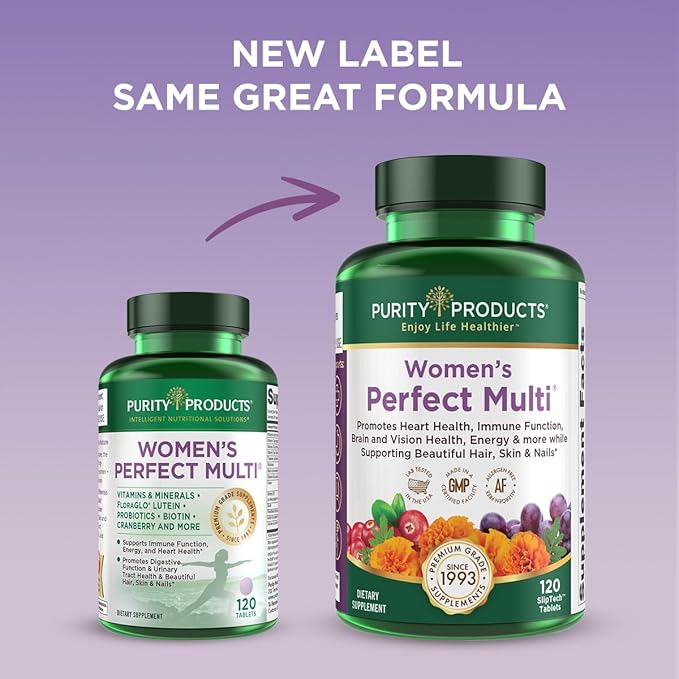 Purity Products Women’s Perfect Multi Balanced Multivitamin - Supports Urinary Tract Health Immune Bone + Muscle Hair Skin Nails an Elite Probiotic for Digestive Health + More - 120 Tablets