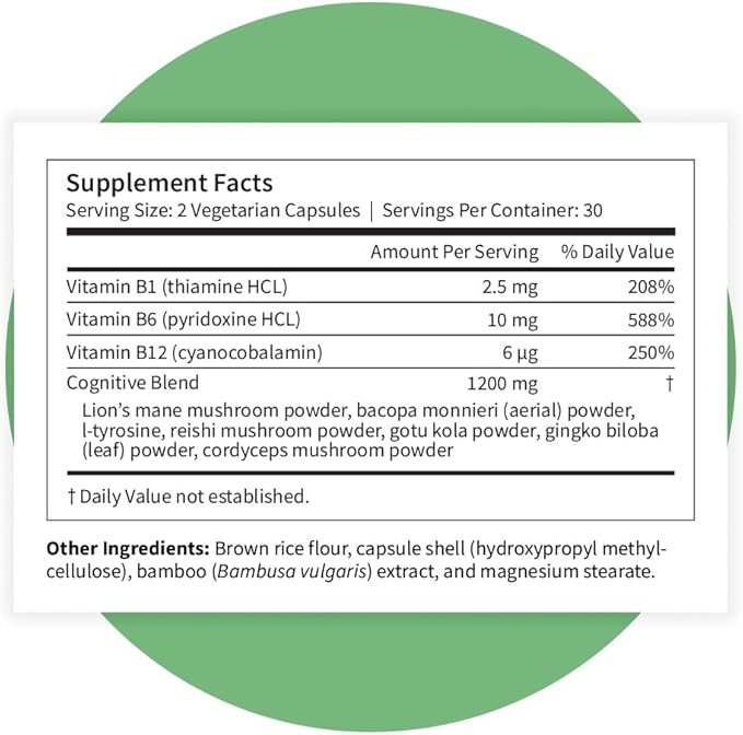 Pattern Wellness Cognitive Complex Supplement – Supports Brain Health &amp Mental Clarity – with Lion’s Mane Bacopa &amp B Vitamins – 60 Vegetarian Capsules