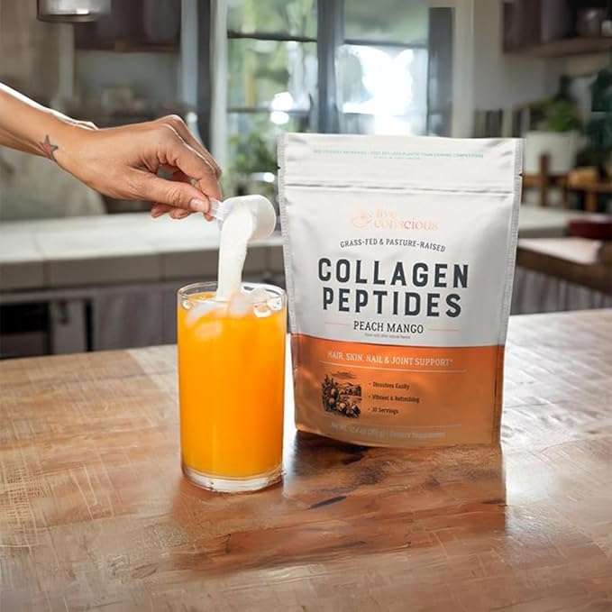 Live Conscious Collagen Peptides Powder - Peach Mango Flavored Collagen Powder - Hair Skin Nail &amp Joint Support - Type I &amp III Grass-Fed Collagen Supplements for Women and Men - 30 Servings