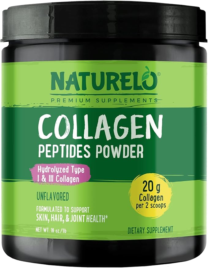 NATURELO Collagen Peptide Powder Hydrolyzed Collagen Type I &amp III Skin Hair &amp Joint Health - Unflavored 16 Ounces | 45 Servings