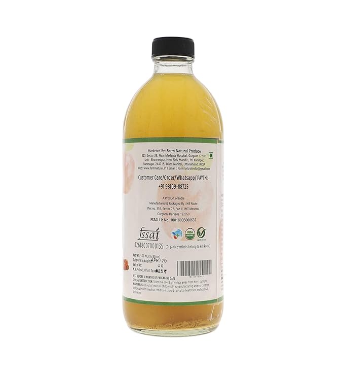 Farm Naturelle Organic Apple Cider Vinegar with Mother and Infused Ginger &amp Turmeric (500 ml) (Glass Bottle)