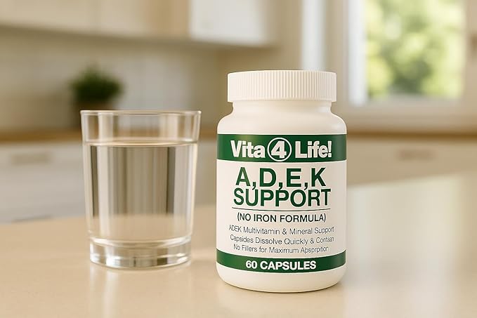 Vita4Life!® ADEK Fat Soluble Vitamins A D E K - High Absorption Bariatric Multivitamin - No Iron Formula with B-Complex &amp Calcium - 60 Fast Dissolving Capsules for Post Surgery &amp General Healt