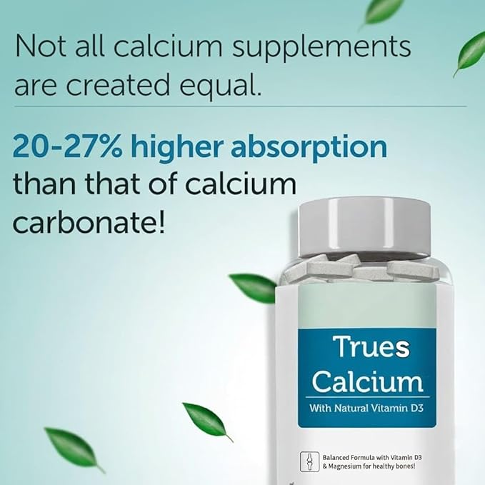 Tru Calcium 1000mg Supplement for Men &amp Women with Plant Based Vitamin D3 &amp Natural Magnesium for Healthy Bones - 60 Vegan Tablets