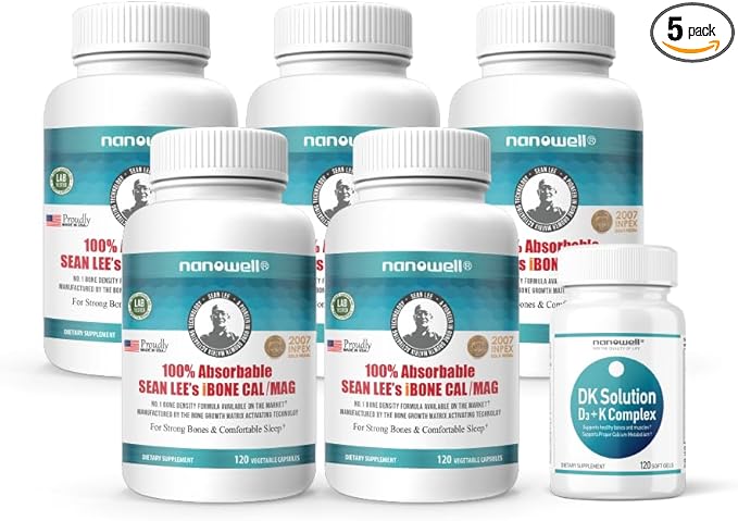 NANOWELL Sean Lee's iBone Cal Mag 120 Vegetable Capsules X 5 Bottles + 1 Bottle of DK Solution - Bone Health Calcium and Immune Support Supplement (120 Count (Pack of 5) + DK Solution)