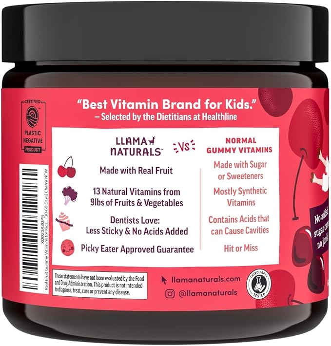 Llama Naturals Kids Multivitamin Gummies | Real Fruit No Added Sugar Cane | Organic Vegan Toddler Whole Food Vitamins | Vitamin D C &amp Beta Carotene Gummy Supplement | Cherry 180 Ct (2-3 Months)