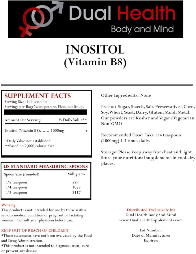 Dual Health Body &amp Mind Inositol Powder (8 oz) Pure Vitamin B8 Antioxidants Bulk Supplements 1000mg per Serving