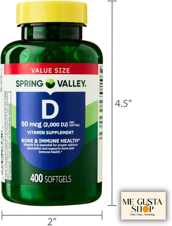 Spring Valley Vitamin D Supplement Softgels 50 Mcg (2000 IU) 400 Count + Me Gusta Sticker