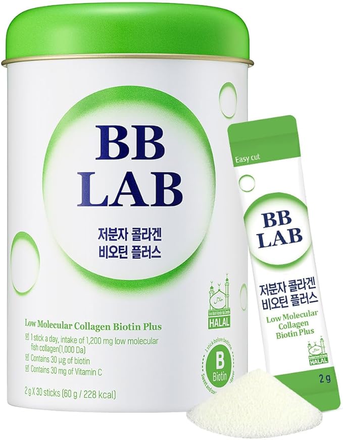 BB LAB Low Molecular Collagen Biotin Plus Halal Collagen Powder Supplement Korean Marine Collagen Fish Collagen Peptides Biotin Vitamin C Fast Absorption Shine Muscat Flavor