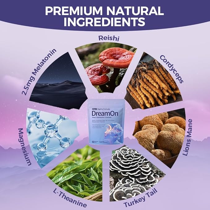 DreamOn Sleep Optimization Gummies for Adult with Reishi Cordyceps Lions Mane Turkey Tail L-Theanine Magnesium &amp 2.5mg Melatonin for Sleep Support 60 Gummies