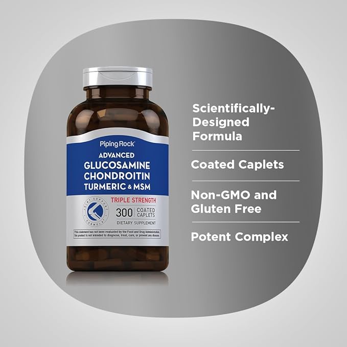 Piping Rock Glucosamine Chondroitin MSM Turmeric | 300 Caplets | Advanced Triple Strength Supplement | Non-GMO &amp Gluten Free