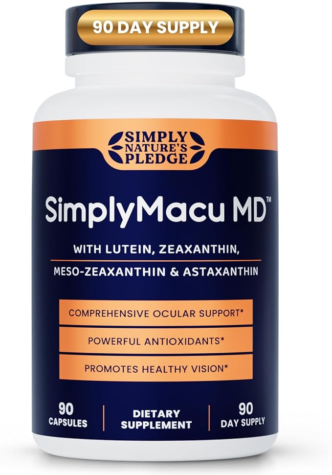 Simply Macu MD – Advanced Vision Support Supplement with Lutein Zeaxanthin Meso-Zeaxanthin &amp Astaxanthin – Bilberry Extract – Vegan Non-GMO Gluten Free – 90 Day Supply (90 Capsules)