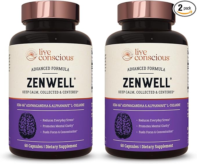 Live Conscious KSM-66 Ashwagandha Supplement w/L Theanine &amp AlphaWave - ZenWell Everyday Stress Relief Cognitive Brain Health - Ashwagandha for Men &amp Women - 60 Capsules (2-Pack)