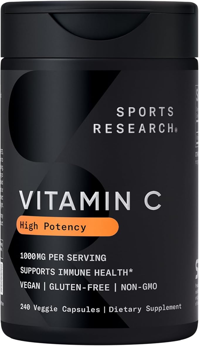 Sports Research 1250 mg Omega 3 Burpless Fish Oil - Wild Alaskan Pollock - (90 Count) High Potency Vegan Vitamin C 1000mg (240 Count) + Vegan 5000iu Vitamin D with 100mcg Mk7 Vitamin K (60 Count)