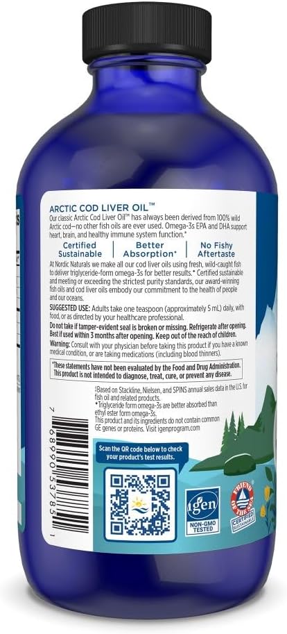 Nordic Naturals Arctic Cod Liver Oil Unflavored - 8 oz - 1060 mg Total Omega-3s with EPA &amp DHA - Heart &amp Brain Health Healthy Immunity Overall Wellness - Non-GMO - 48 Servings