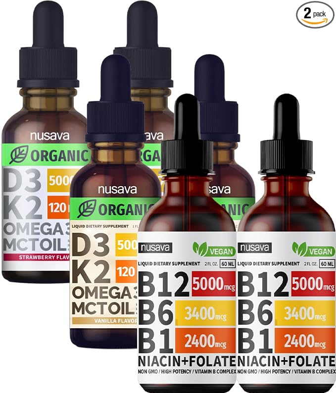 NUSAVA Vitamin B12 Liquid Drops Bundle Strawberry Flavored D3 K2 &amp Vanilla Flavored D3 K2 - Potent Liquid Vitamins for Heart Energy Brain &amp Immune Support - Non-GMO Gluten-Free 2pk Each