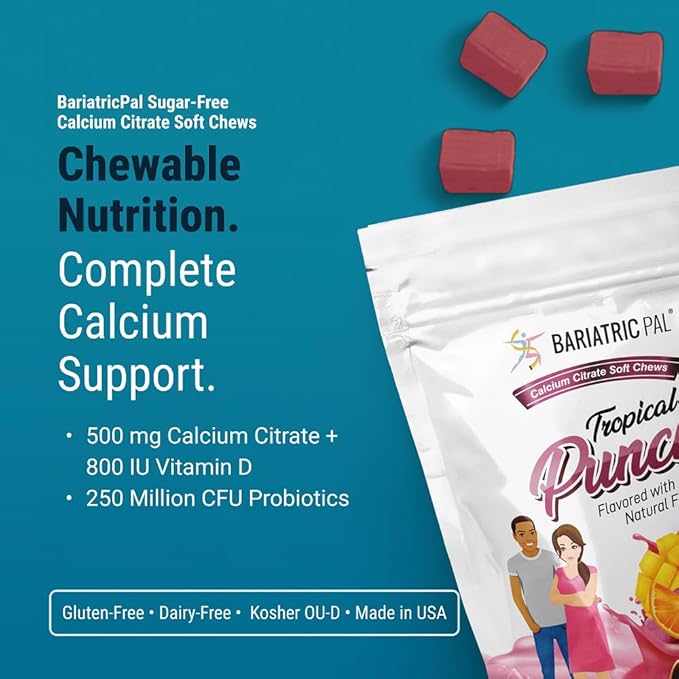 BariatricPal Sugar-Free Calcium Citrate Soft Chews | 500mg with Vitamin D &amp Probiotics | Tropical Punch | 90 Count (1 Month Supply)