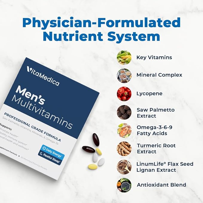 VitaMedica Men’s Multivitamin with Prostate Health Support | Vitamins Minerals Omega3s and Saw Palmetto | Box of 30 Easy Daily Packs | Supports Natural Energy and Sleep | Muscle Joint Health