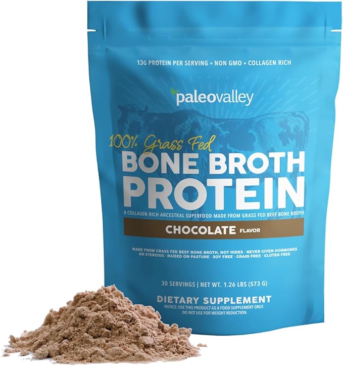 Paleovalley 100% Grass Fed Beef Bone Broth Protein Powder - Rich in Collagen Peptides for Hair Skin Gut Health Bone and Joint Support - 13g Protein Per Serving - No Gluten or GMOs - Chocolate