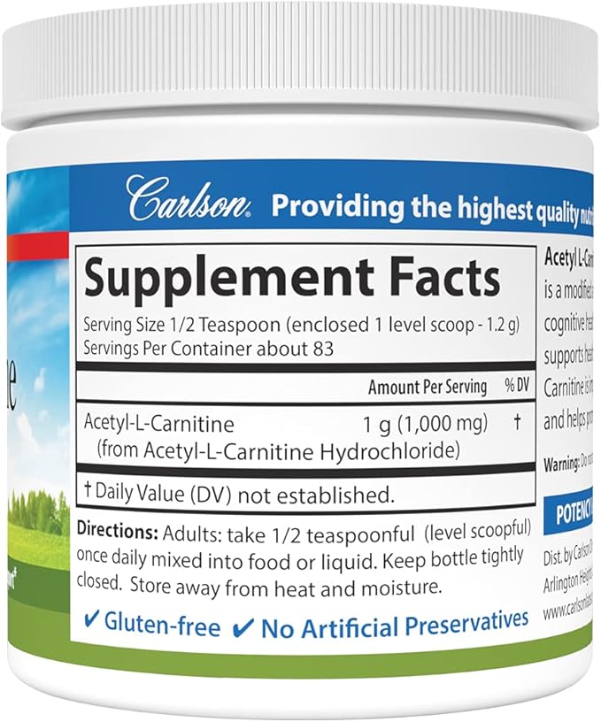 Carlson - Acetyl L-Carnitine Powder Free-Form Amino Acid Cognitive Health Brain Function &amp Muscle Support 3.53 oz (100 g)