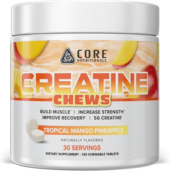 Core Nutritionals Creatine Chews | Creatine Monohydrate with Sea Salt | Muscle Strength Performance &amp Hydration Support | 30 Servings (Tropical Mango Pineapple)