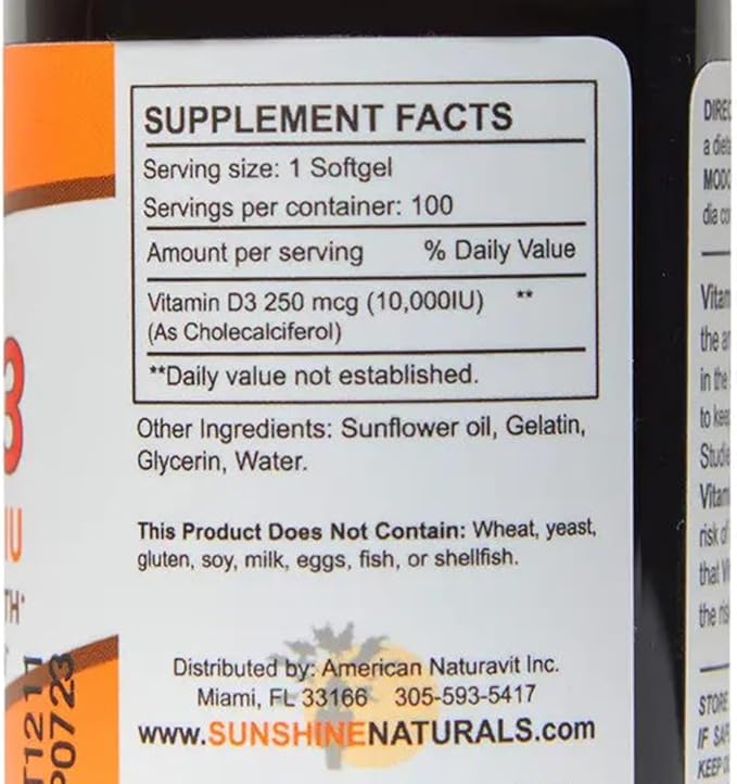 Sunshine Naturals Vitamin D3 Dietary Supplement. High Strength for Immune System Support Bone Health Mood Boost and Muscle Function. Supports Healthy Calcium Absorption. 100 Gels.