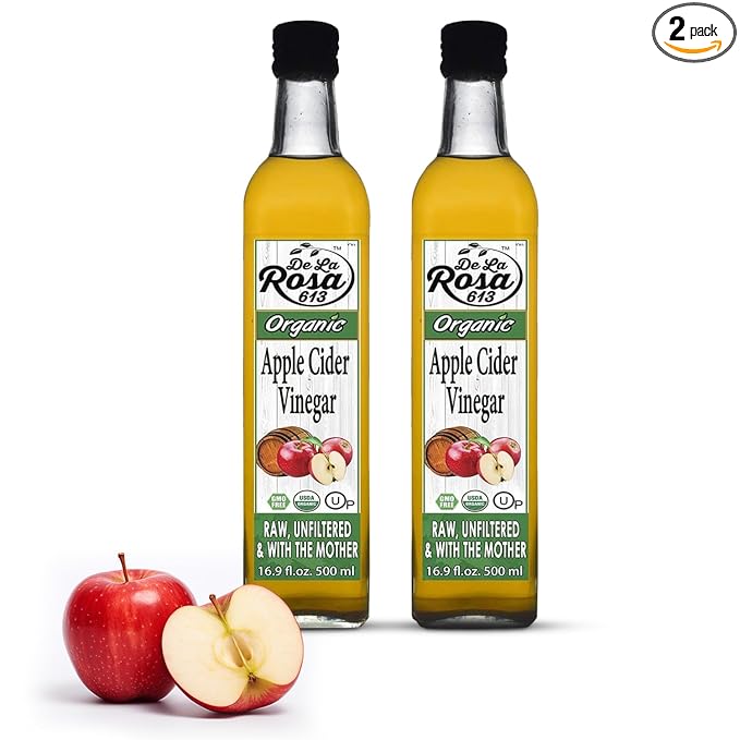 De La Rosa Organic Apple Cider Vinegar Raw &amp Unfiltered Kosher for Passover Vegan &amp Gluten Free Great for Salad Dressing &amp Marinades Apple Cider with The Mother 16.9 Oz (Pack of 2)