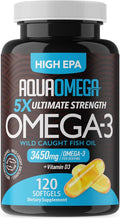 5X Ultimate Strength Omega 3 Fish Oil Supplements with High EPA and DHA Omega 3 Fatty Acids Fish Oil Supplement with Vitamin D and No Fishy Aftertaste 120 Softgels