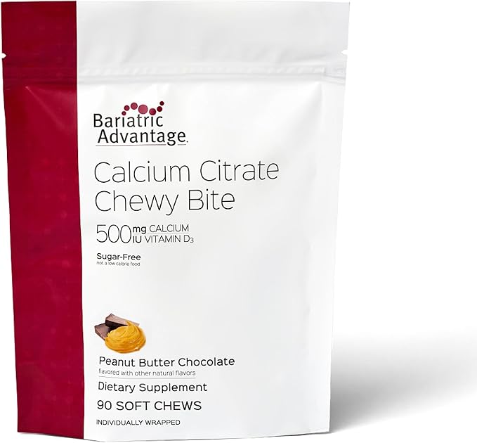 Bariatric Advantage Calcium Citrate Chewy Bites 500 mg - Highly Absorbable &amp Digestible - Vitamin D3 - Easily Chewable Calcium Supplement - Peanut Butter Chocolate - 90 Count