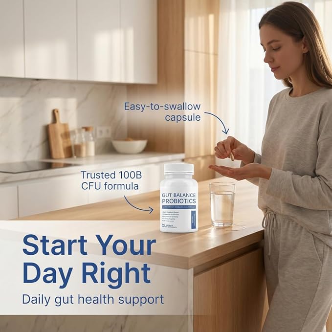 Gut Balance Probiotics 100 Billion CFU Capsules Suitable for Adults - 16 Diverse Strains Daily Digestive and Immune Support Relieves Gas Bloating &amp Promotes Regularity - 60 Vegan Capsules