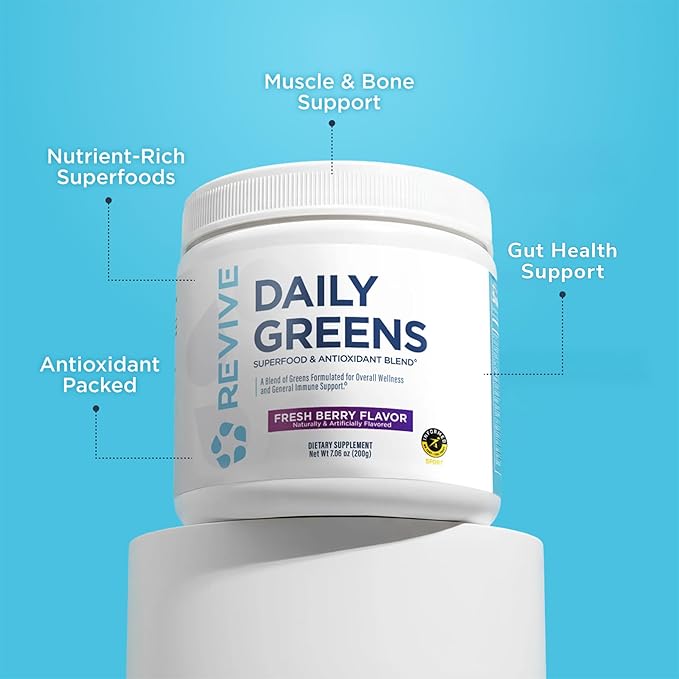 Revive MD Daily Green Powder Superfood (Fresh Berry) - Supergreens Powder to Support Energy Levels - Green Juice That Improves Fiber Intake - Vegetable Supports Digestion and Gut Health (30 Servings)