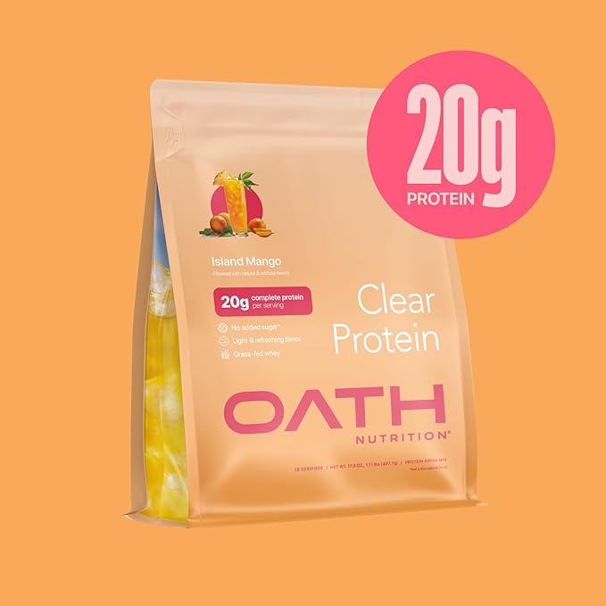 Oath Nutrition Clear Whey Isolate Protein Powder Island Mango 20g Complete Protein per Serving No Added Sugar Grass-Fed 18 Servings