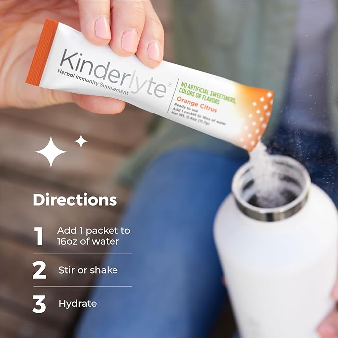 Kinderlyte Immunity Supplement for Kids and Adults Electrolyte Powder Hydration Packets with Vitamin C Zinc &amp Turmeric (Orange Citrus 16 Count) No Artificial Sweeteners No Synthetic Dyes