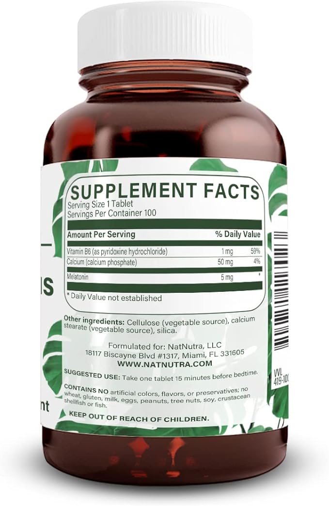 Natural Nutra Vegan Melatonin 5mg with Vitamin B6 Fast Dissolve Melatonin with Calcium for Optimal Sleep Promoting More Restful Sleep Gluten Free Non GMO 100 Tablets