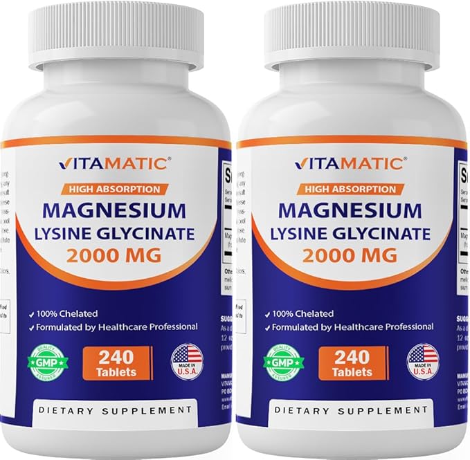 Vitamatic Magnesium as Glycinate Lysinate – 100% Chelated Magnesium - 240 Tablets - Supports Muscle Relaxation Heart Nerve Health* – Non-GMO Gluten &amp Soy Free - 2 Pack