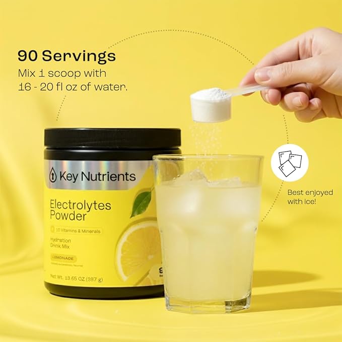 KEY NUTRIENTS Multivitamin Electrolytes Powder No Sugar - Refreshing Lemonade Electrolyte Powder - Sodium &amp Energy Supplement - Hydration Powder - No Calories - 90 Servings - Made in USA