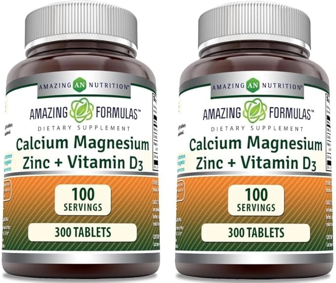 Amazing Formulas Calcium Magnesium Zinc with Vitamin D3 Supplement | Non-GMO | Gluten Free | Made in USA (2 Pack)