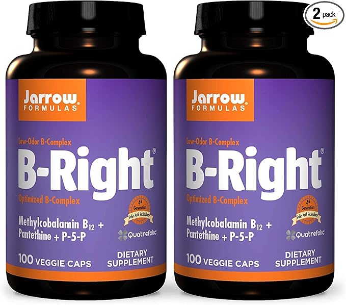 Jarrow Formulas B-Right - 100 Veggie Caps Pack of 2 - Low-Odor Vitamin B-Complex Formula - Energy &amp Metabolism Support - Promotes Brain Heart &amp Cardiovascular Health - 100 Count (Pack of 2)