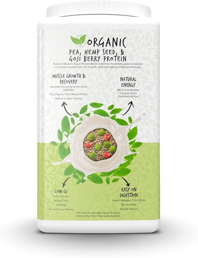 Portions Master Vegan Protein Blend Complete Plant Based Protein Powder with Pea Hemp Seed Goji Blend Medium Chain Triglycerides (750g Unflavored)