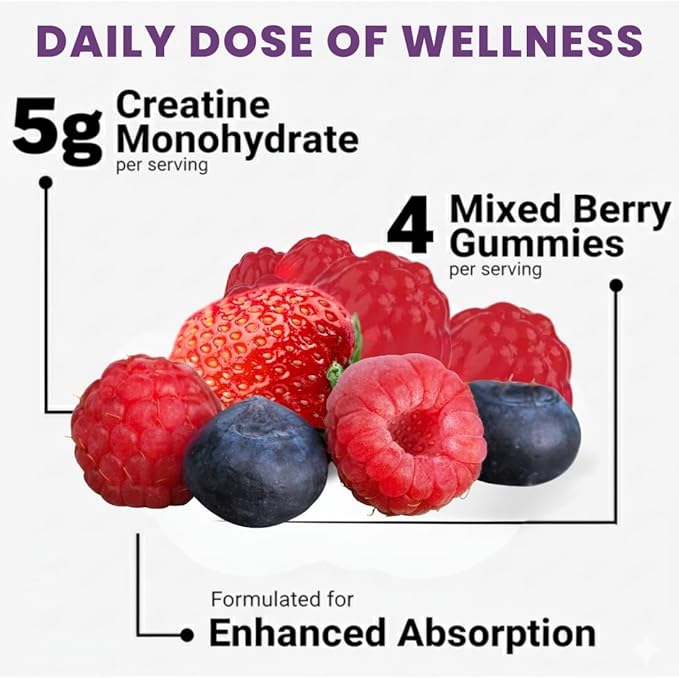 Sugar Free Creatine Gummies 5000mg — 22% More Strength 7X Energy 3X Absorption &amp Muscle Recovery Cognitive Health — 99.9% Pure Vegan Creatine Monohydrate Gummies for Men and Women (30-Day Suppl